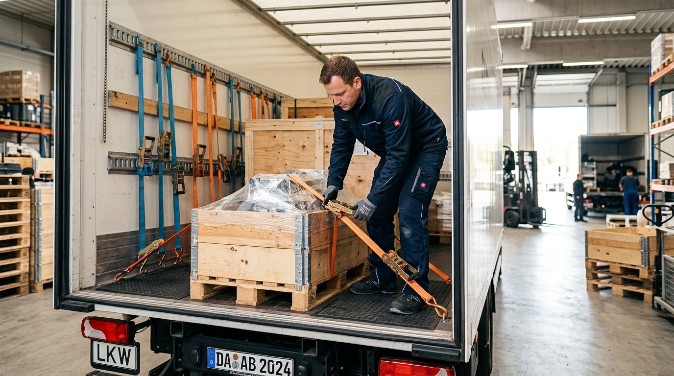 Professionelle Hilfsmittel zur Ladungssicherung im LKW mit Zurrgurten und Antirutschmatten