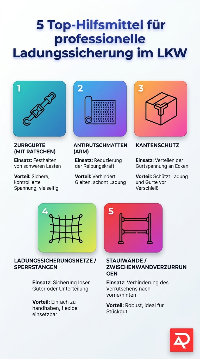 Infografik zeigt die Top-5 Hilfsmittel für professionelle Ladungssicherung im LKW