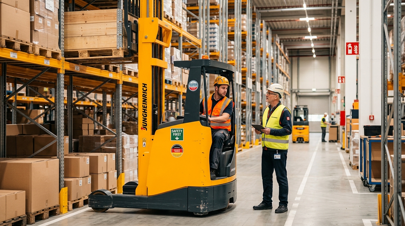 Hochregalstapler Schulung im Lagerbetrieb mit Schubmaststapler