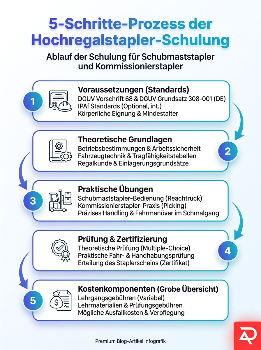 5-Schritte-Prozess der Hochregalstapler-Schulung: Anforderungen, Abläufe und Kosten für Schubmast- und Kommissionierstapler im Lager
