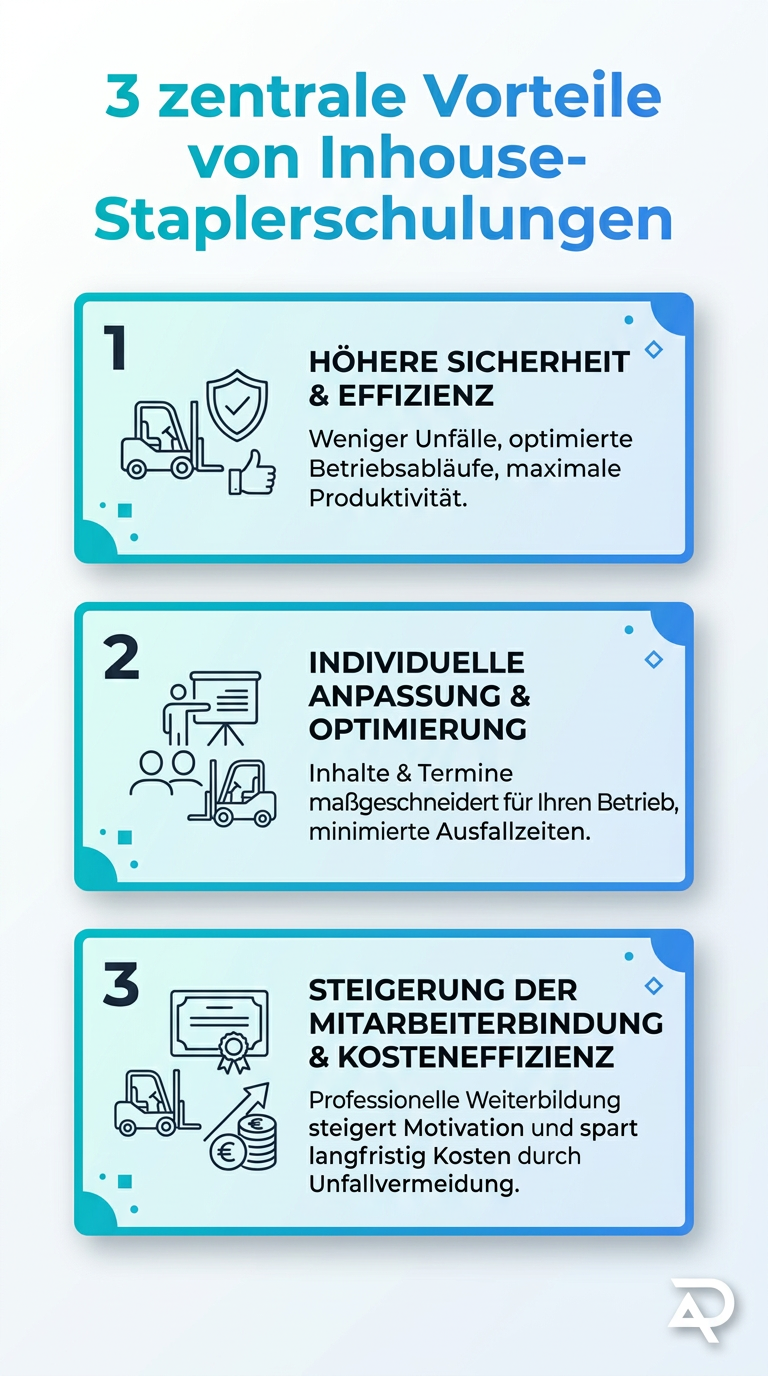 Infografik: Die drei zentralen Vorteile von Inhouse-Staplerschulungen fuer Ihr Lager