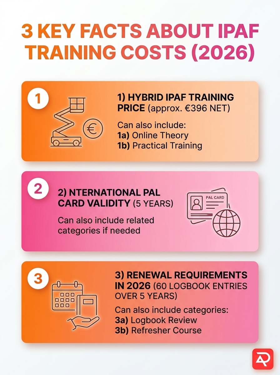 IPAF Schulung Kosten 2026: 3 Key Facts – Bedienerkurs, PAL Card & Verlängerung (Infografik)