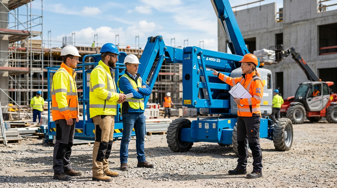 IPAF-Schulung auf der Baustelle mit Hubarbeitsbühne und Teilnehmern