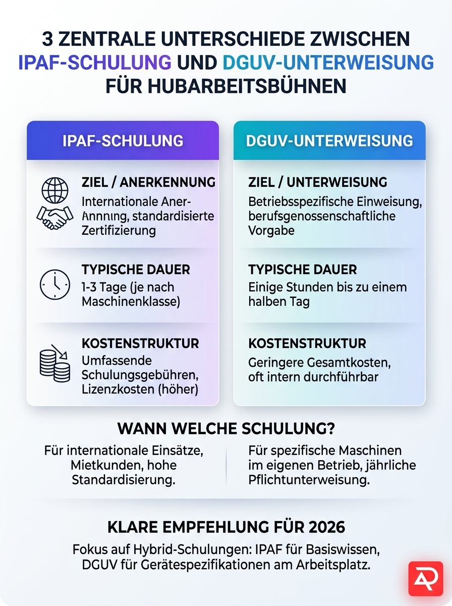Infografik: IPAF-Schulung vs. DGUV-Unterweisung Hubarbeitsbühnen Vergleich