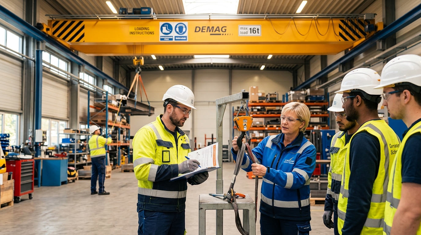 Kranführer bei einer Kran-Nachschulung am Hallenkran im Industriebetrieb