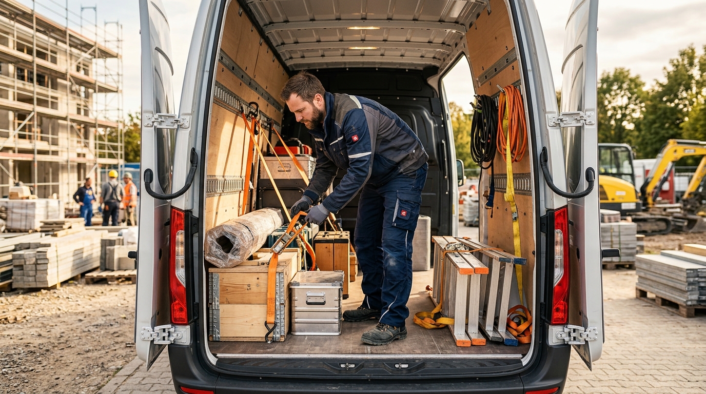 Ladungssicherung im Sprinter mit Spanngurten und Antirutschmatten im Laderaum