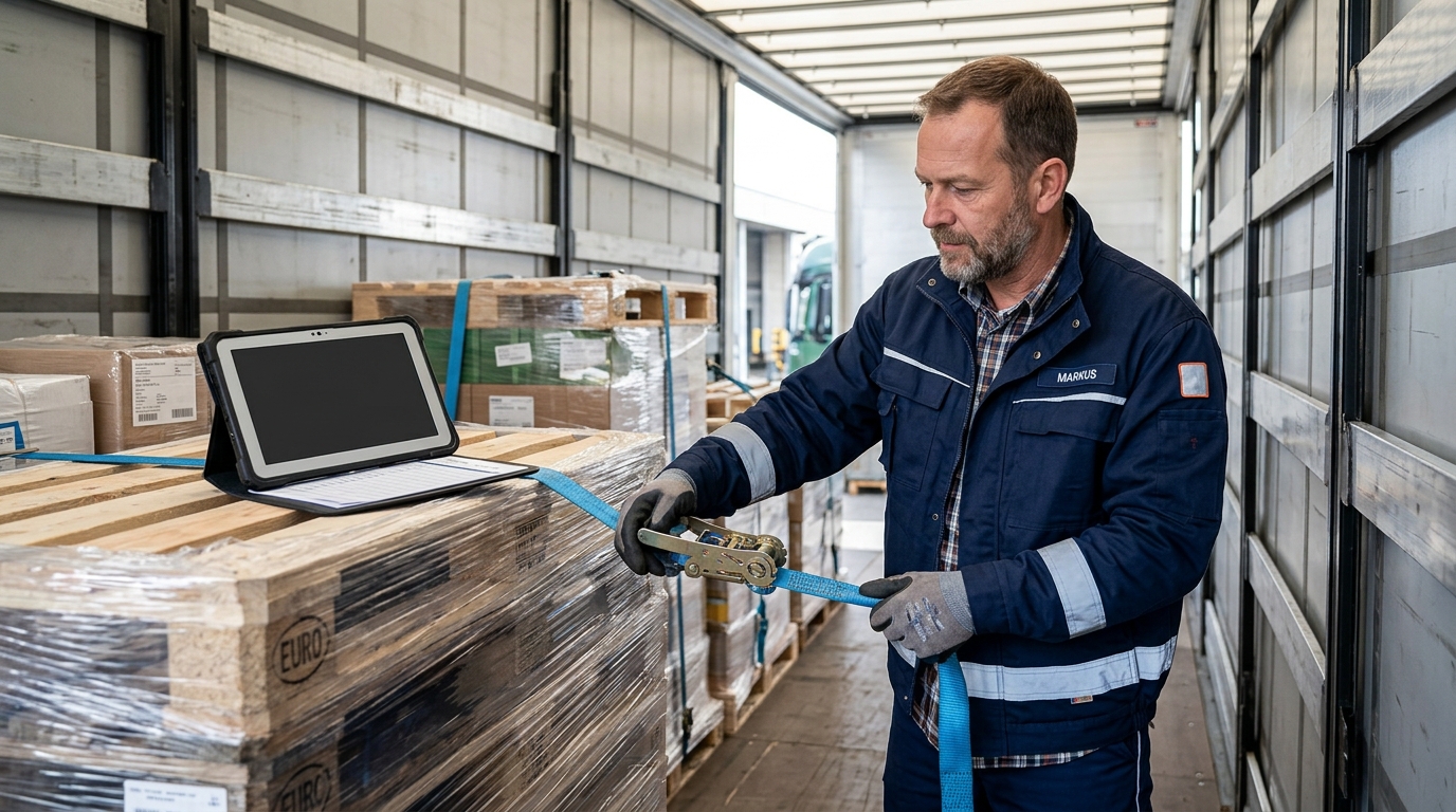 Ladungssicherung nach VDI 2700 auf einem LKW mit korrekt verzurrter Ladung