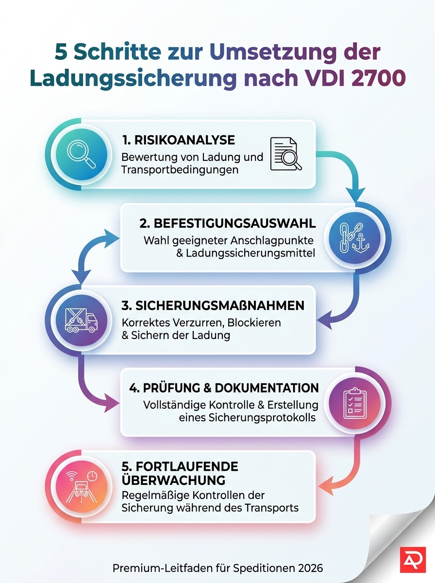 Infografik: Ladungssicherung nach VDI 2700 – 5 Schritte zur Umsetzung für Speditionen 2026