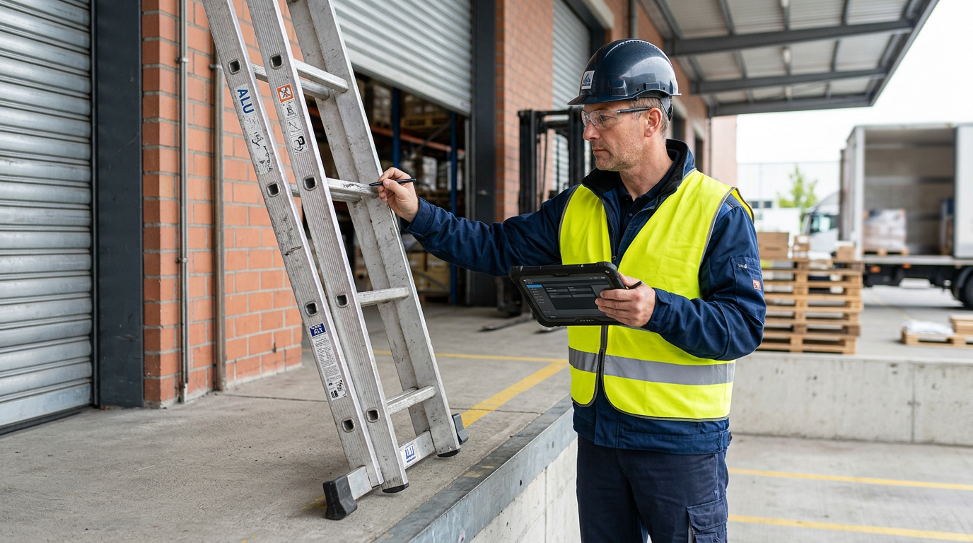 Leiterprüfung im Betrieb – Fachkraft prüft eine Leiter auf Sicherheitsmängel im Lager