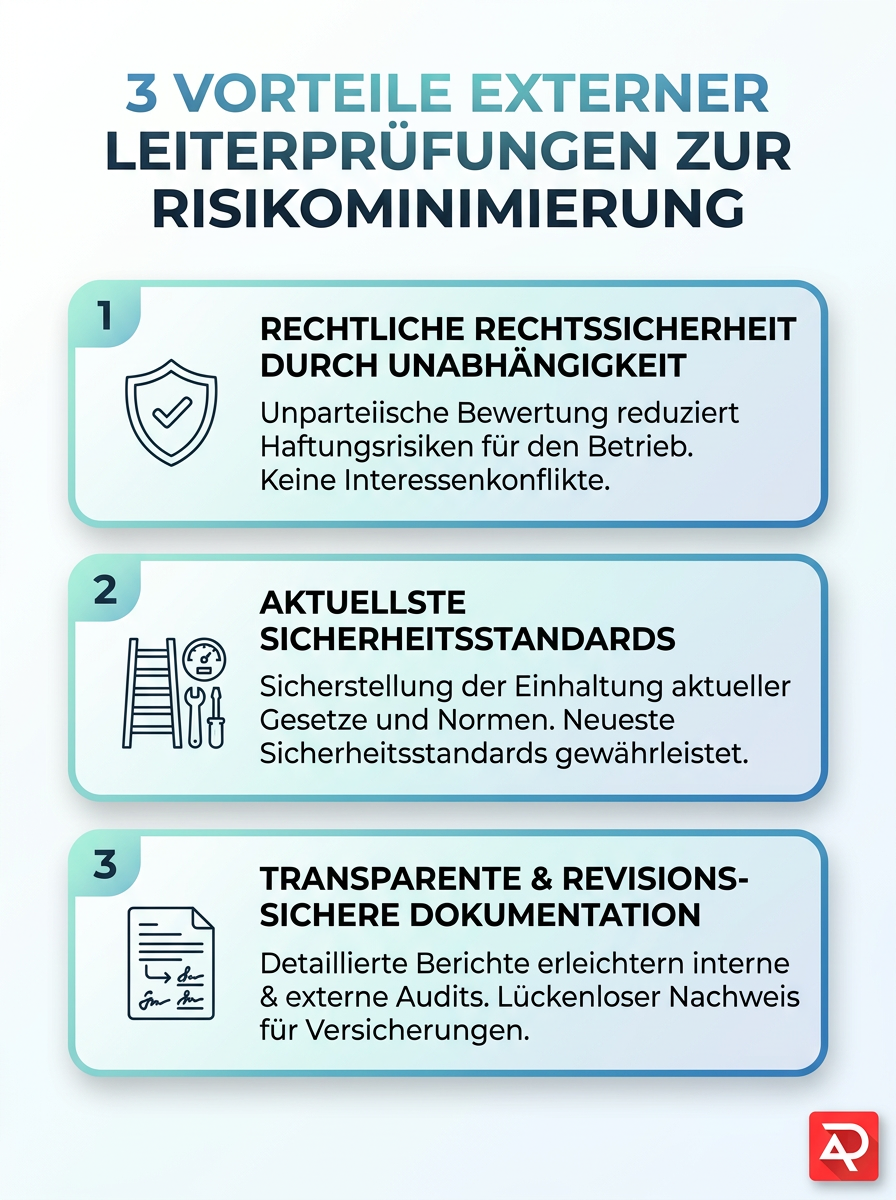 Infografik: Leiterprüfung im Betrieb – drei Vorteile externer Prüfungen zur Haftung minimieren