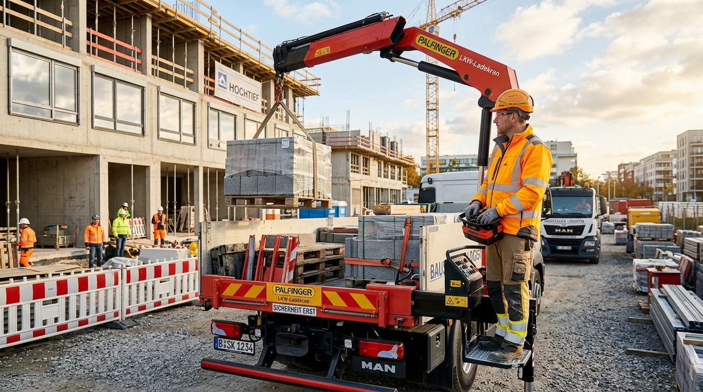 Kranführer bedient einen LKW-Ladekran sicher auf einer Baustelle mit korrekter Abstützung