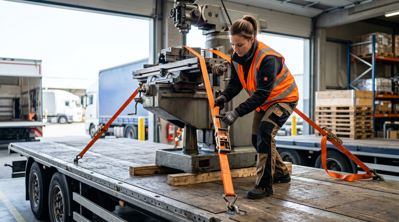 Fachkraft sichert schwere Maschine auf LKW-Ladefläche mit Direktzurren und Spanngurten