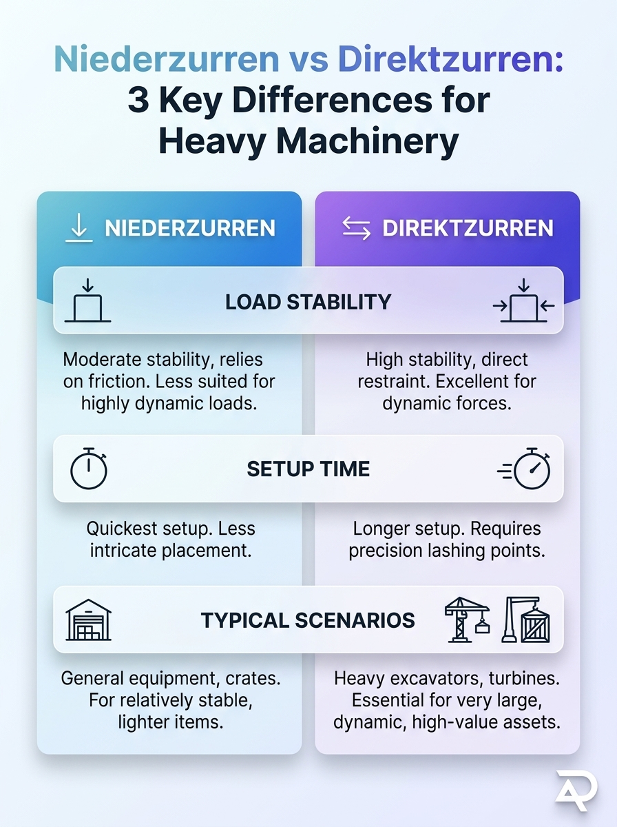 Infografik zeigt Niederzurren vs Direktzurren – 3 Unterschiede für schwere Maschinen, Sicherheit und Effizienz