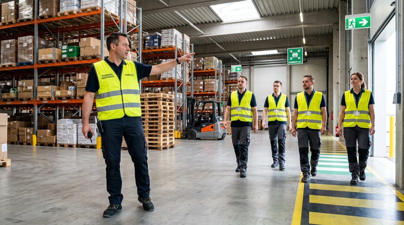 Notfallmanagement im Betrieb mit Sicherheitsunterweisung und Evakuierungswegen im Lager