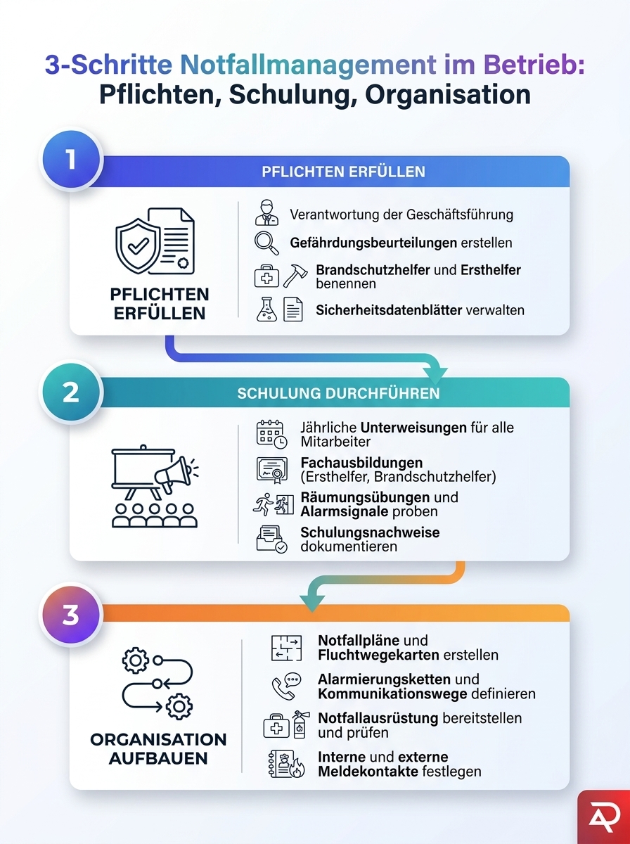 Infografik zeigt 3-Schritte Notfallmanagement im Betrieb: Pflichten, Schulung und Organisation