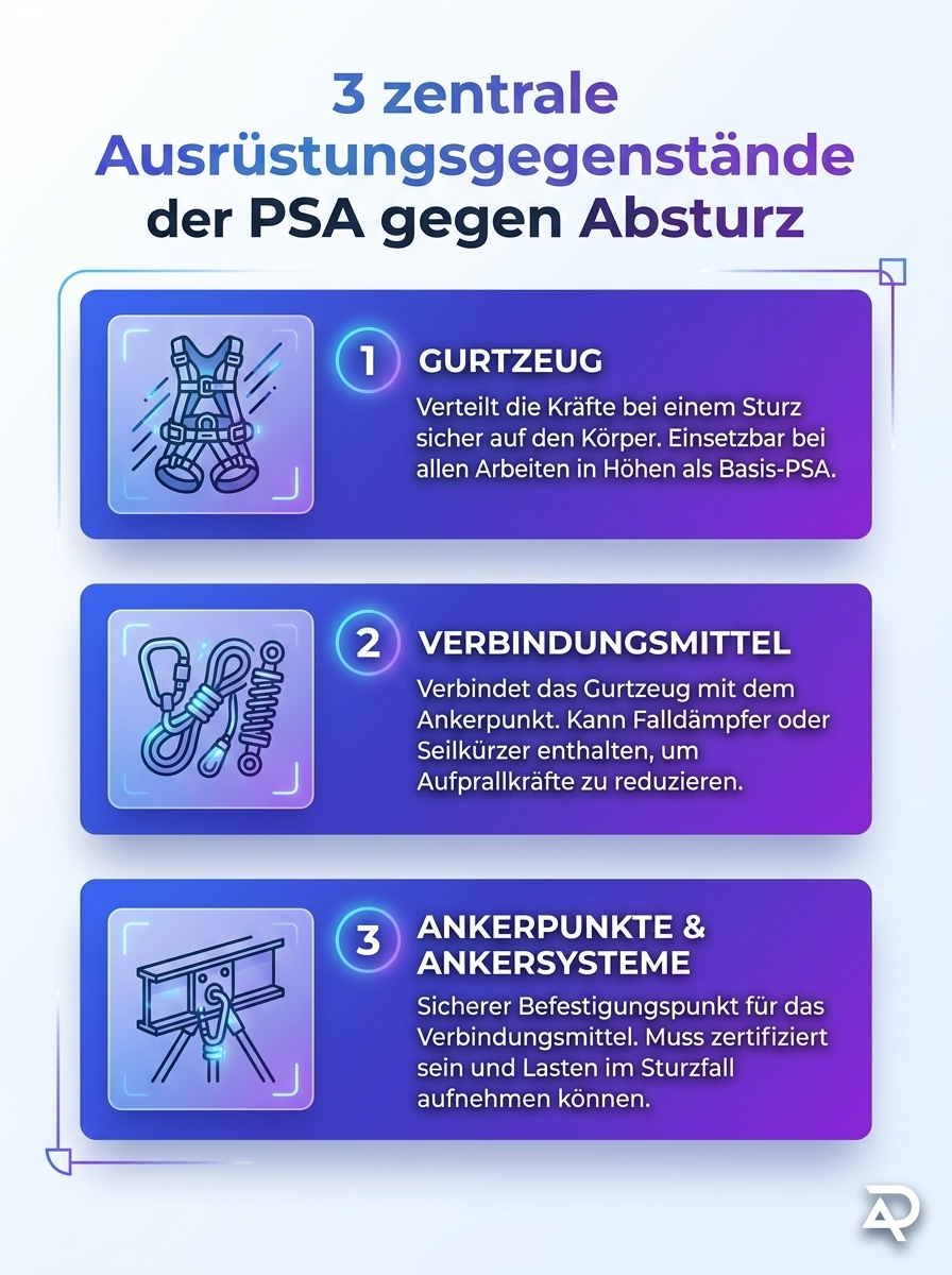 Infografik PSA gegen Absturz: Die richtige Ausrüstung für Arbeiten in Höhen mit den drei zentralen Ausrüstungskomponenten