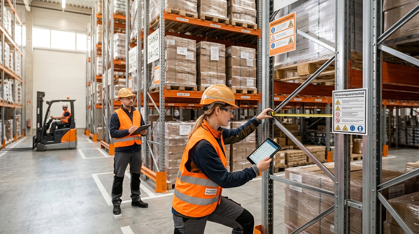 Regalprüfung im Lager nach DIN EN 15635 durch befähigte Person