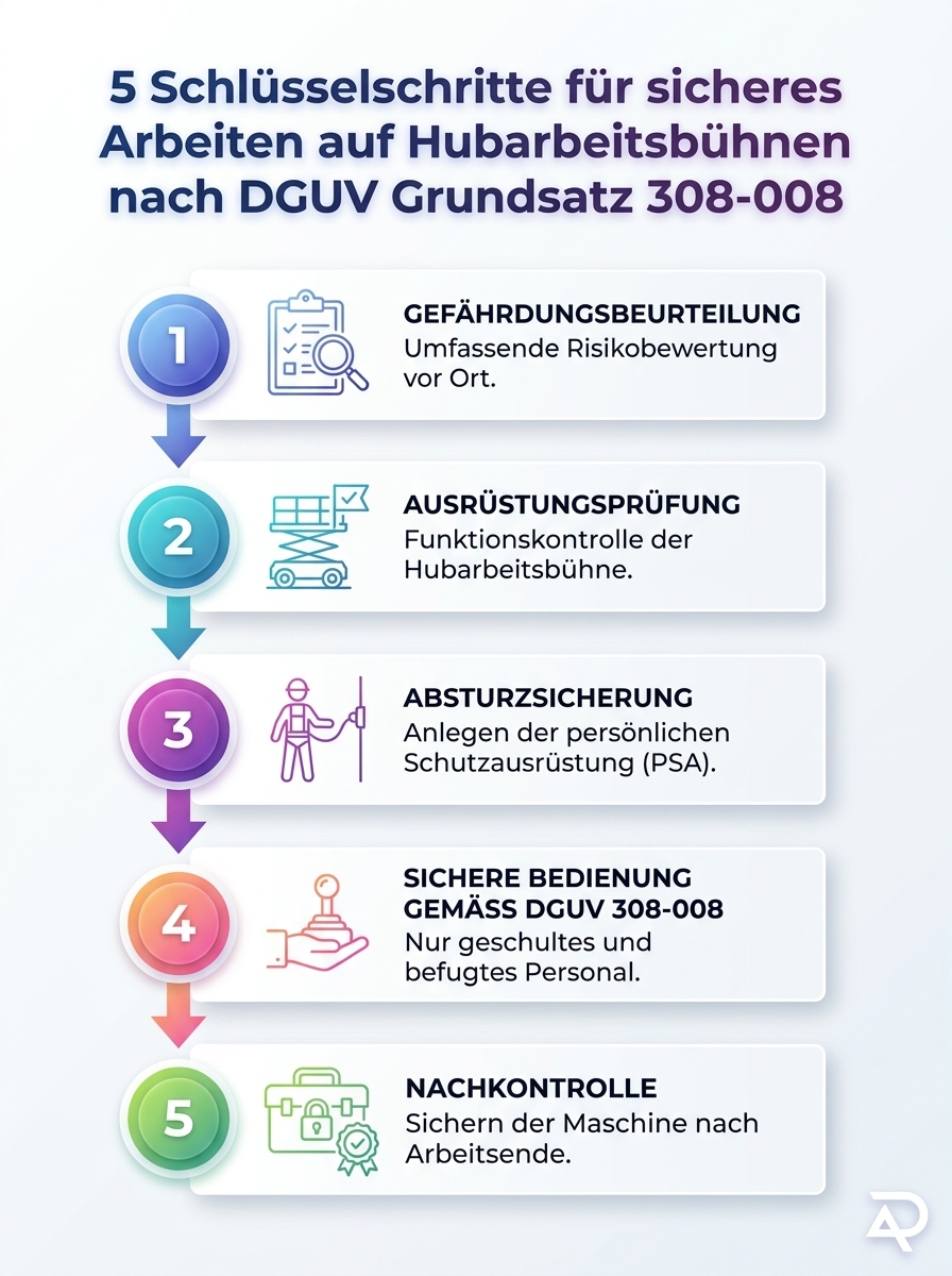 Infografik zeigt 5 Schlüsselschritte für sicheres Arbeiten auf Hubarbeitsbühnen nach DGUV Grundsatz 308-008