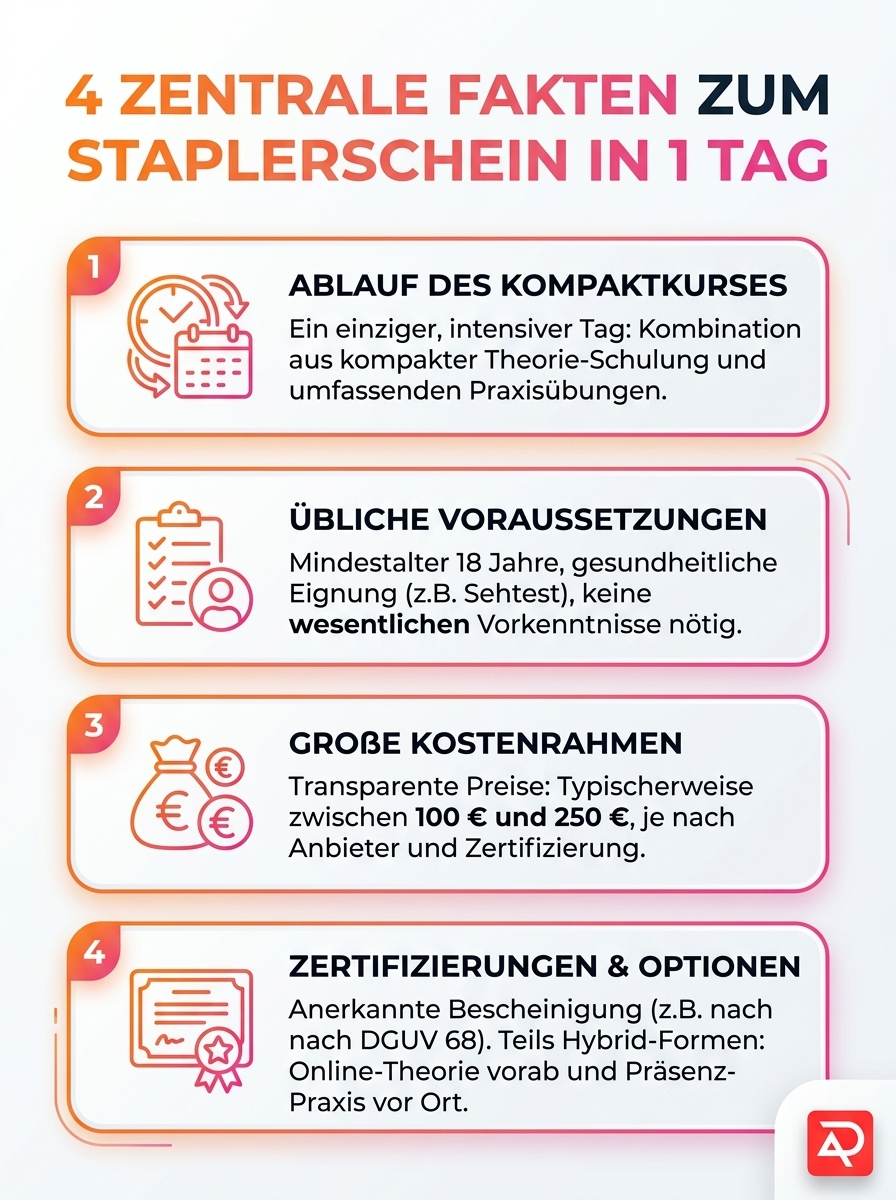 Infografik zu Staplerschein in 1 Tag: Ablauf, Kosten, Voraussetzungen — Kompaktkurs