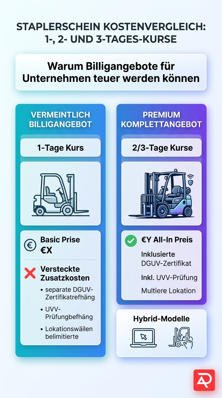 Staplerschein Kostenvergleich Infografik – Billigangebot vs. Premium Komplettangebot bei AiD