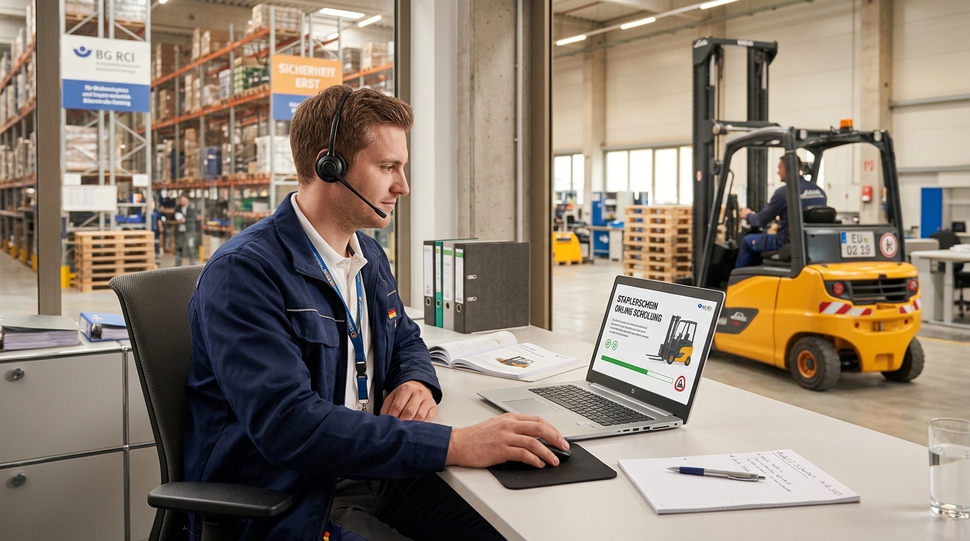 Staplerschein online machen 2026 — Mitarbeiter absolviert Online-Theorie am Laptop