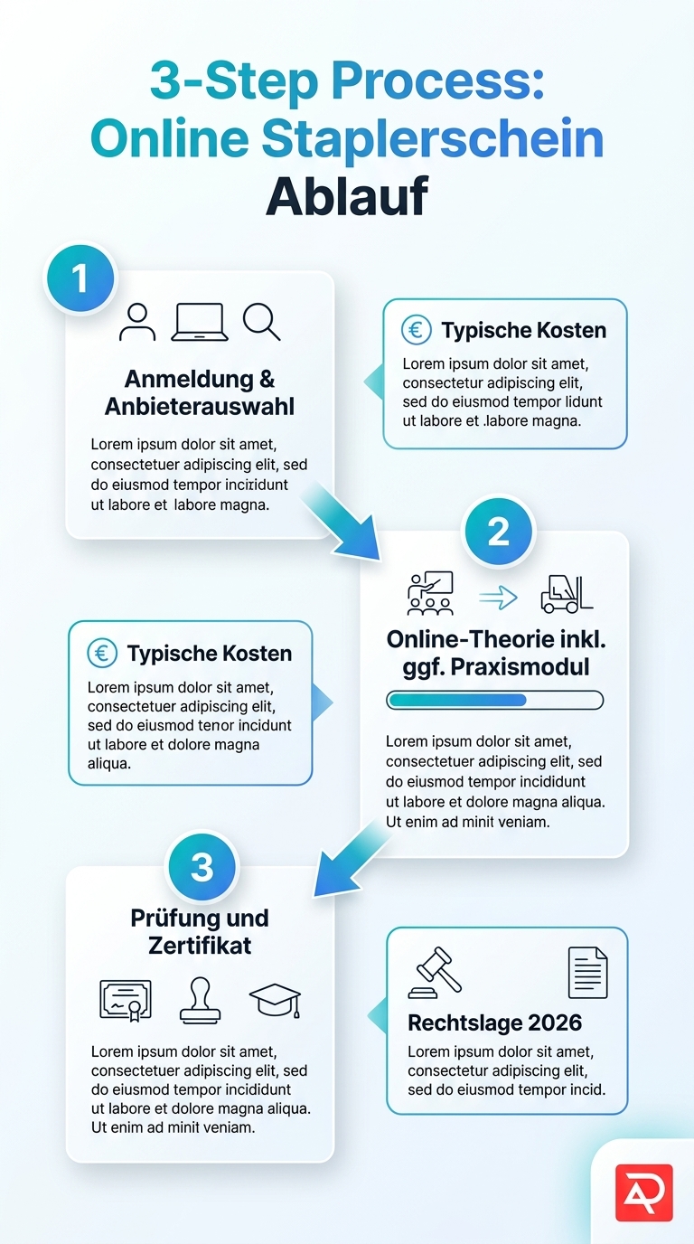 3-Schritte-Uebersicht zum Staplerschein Online 2026: Ablauf, Kosten und Rechtslage