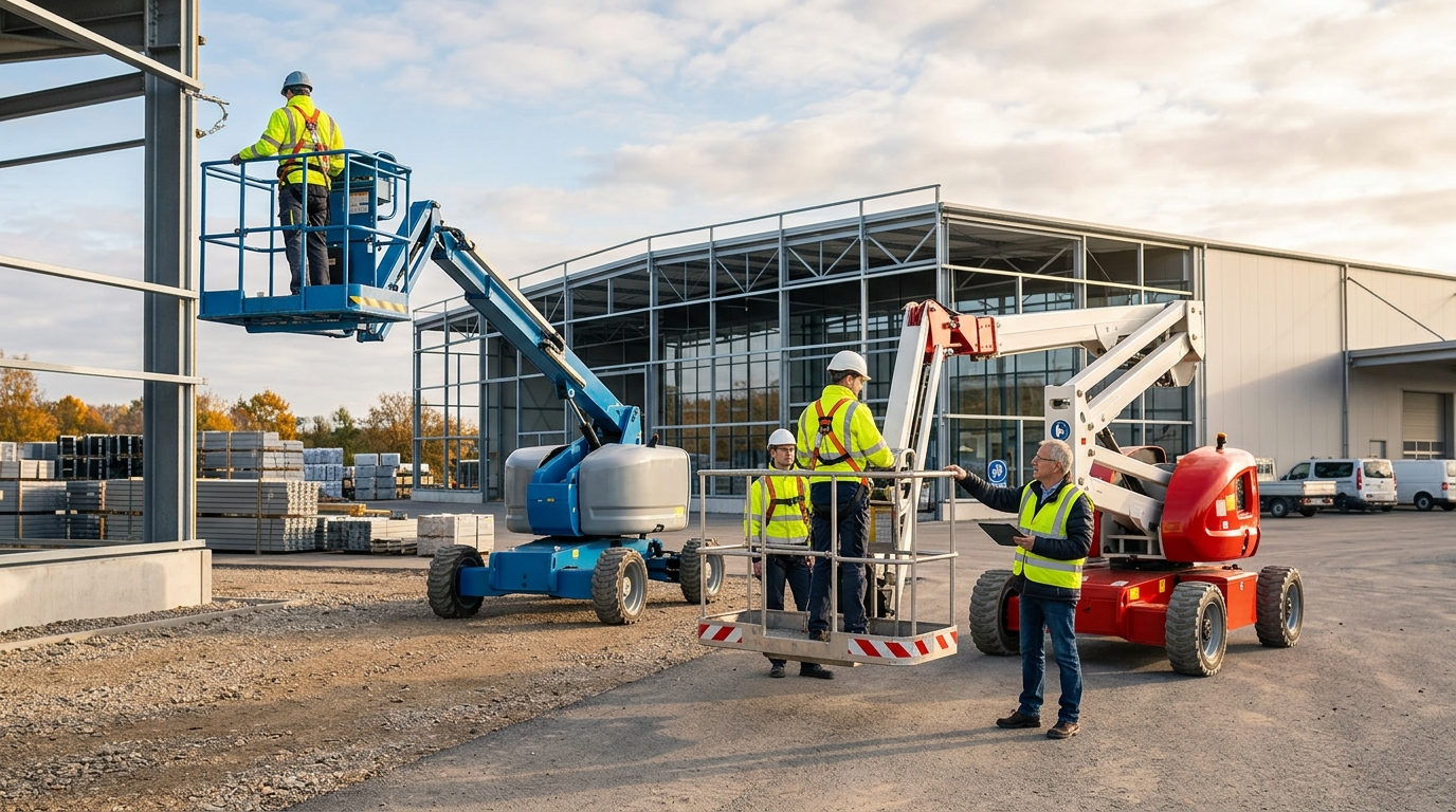 Teleskopbühne und Gelenksteiger nebeneinander — Schulungsvergleich für Hubarbeitsbühnen