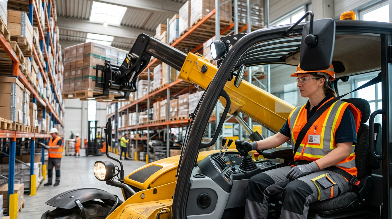 Teleskopstapler auf einer Baustelle – Bedienerausweis und Schulung 2026