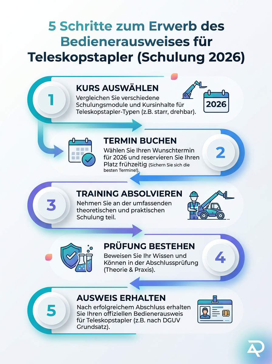 Infografik: 5 Schritte zum Erwerb des Bedienerausweises für Teleskopstapler – Schulung 2026