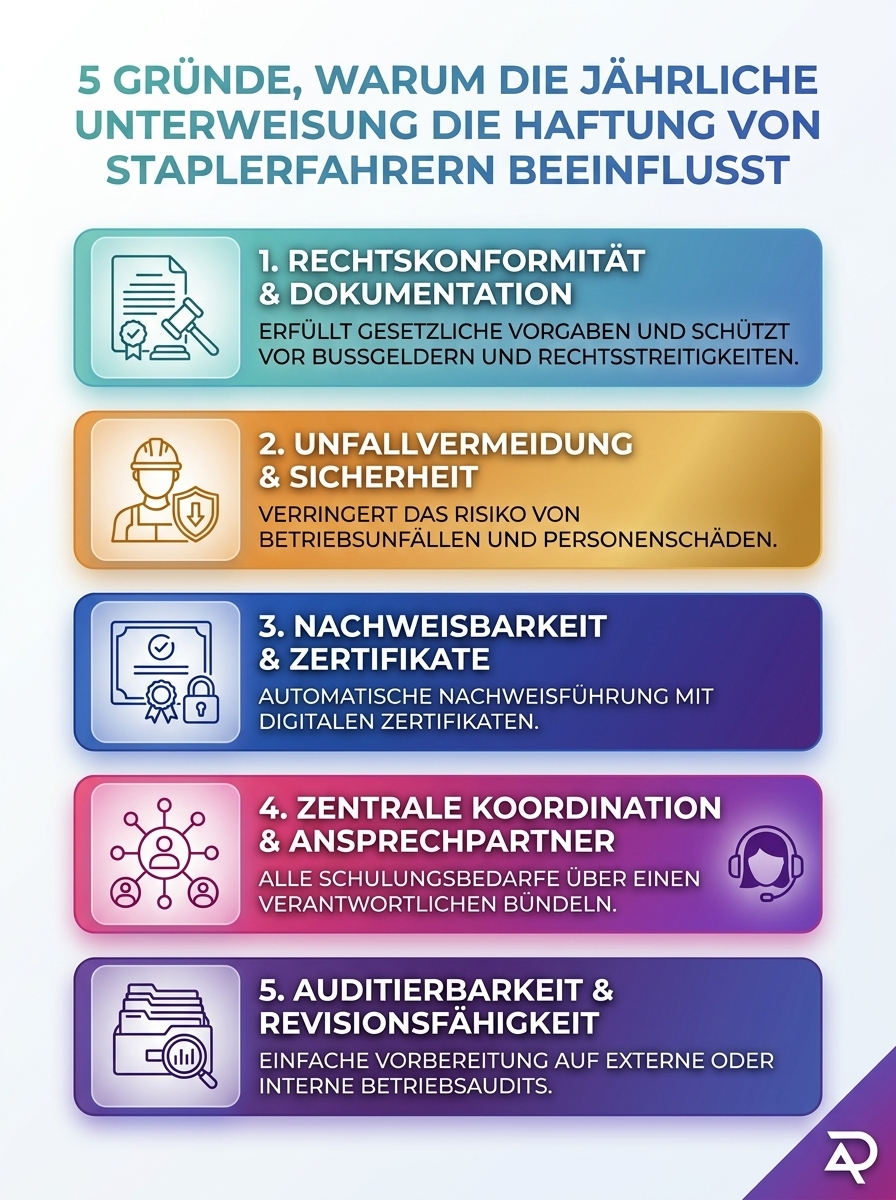 Infografik: 5 Gründe warum die jährliche Unterweisung von Staplerfahrern die Haftung beeinflusst