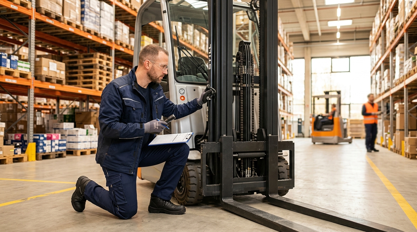 UVV Prüfer kontrolliert einen Gabelstapler im Betrieb