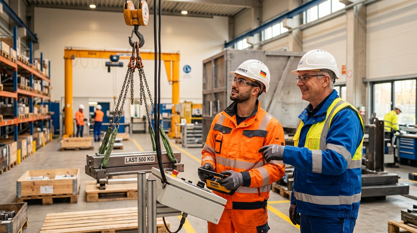 Voraussetzungen für den Kranschein — Kranführer bedient Hallenkran im Industriebetrieb