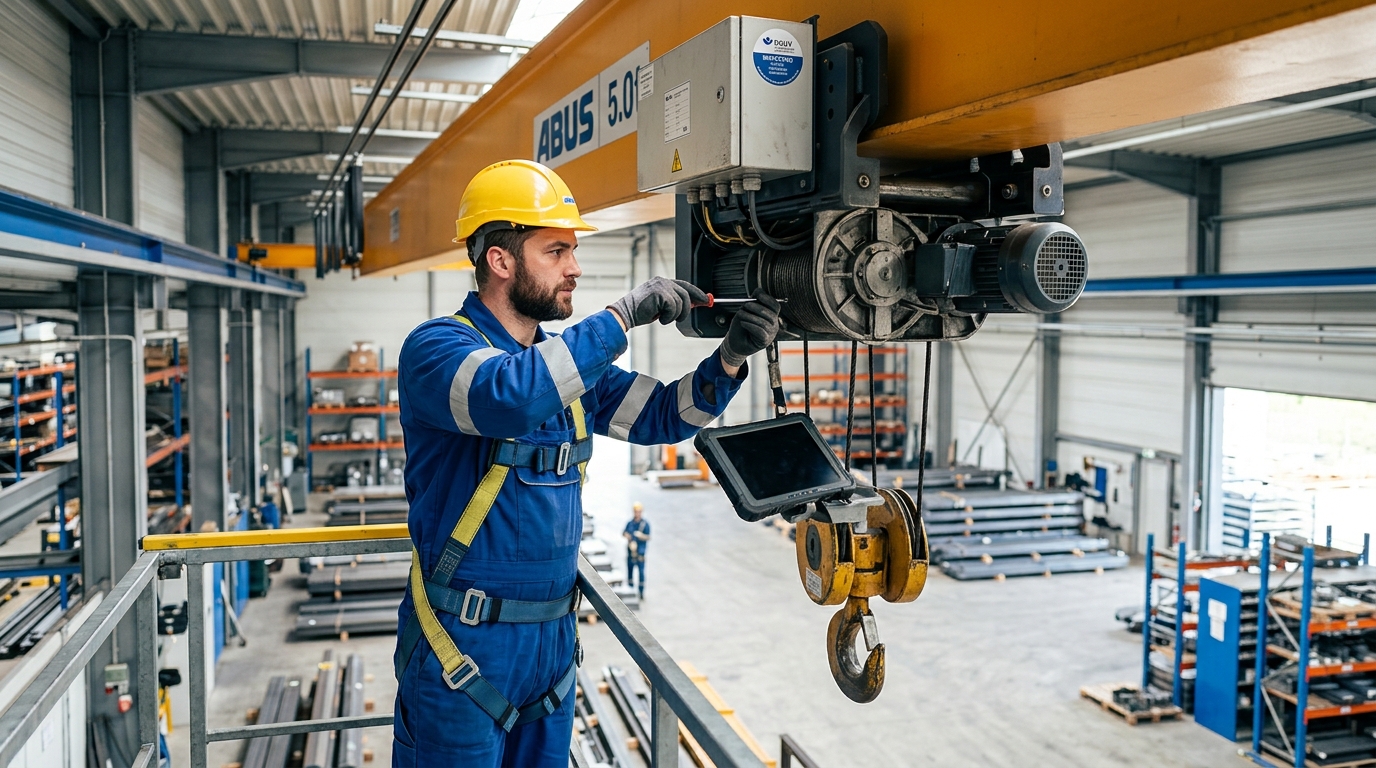 Facharbeiter bei der Wartung und Prüfung eines Hallenkrans nach DGUV Vorschrift 52