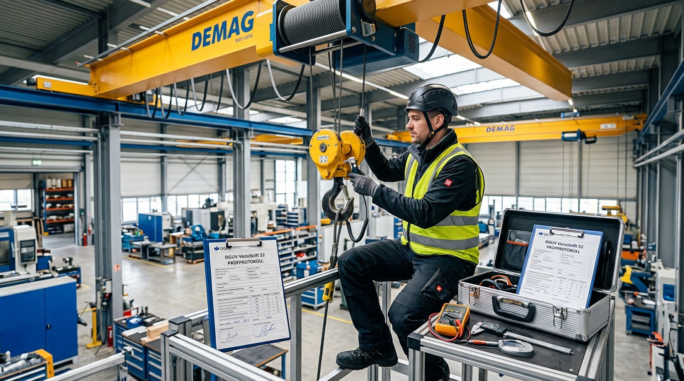 Verschiedene Krantypen in einer Industrieanlage bei der Prüfung