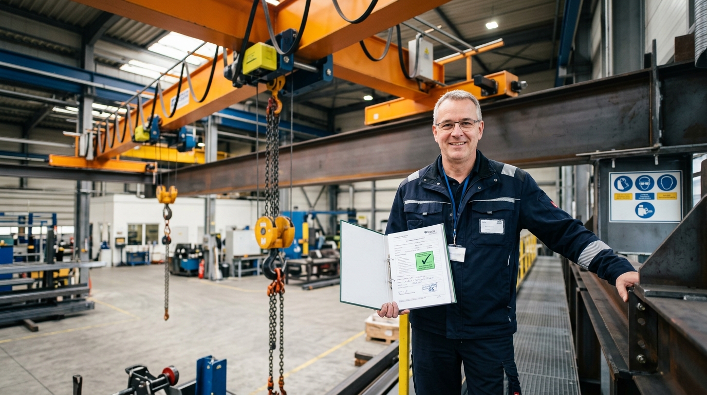 Prüfer bei der Funktionskontrolle eines Hallenkrans mit digitalem Prüfprotokoll
