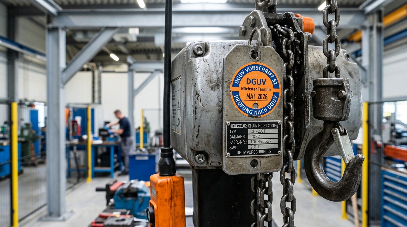 Detailaufnahme der Wartung an einem Kranhaken mit Seilprüfung