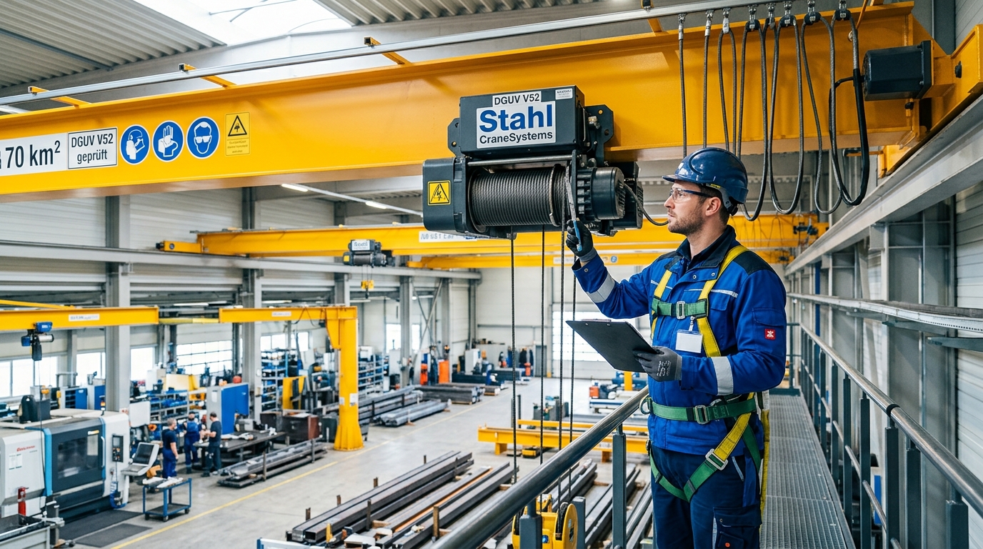 Krananlage in einer Industriehalle mit Sicherheitskennzeichnung