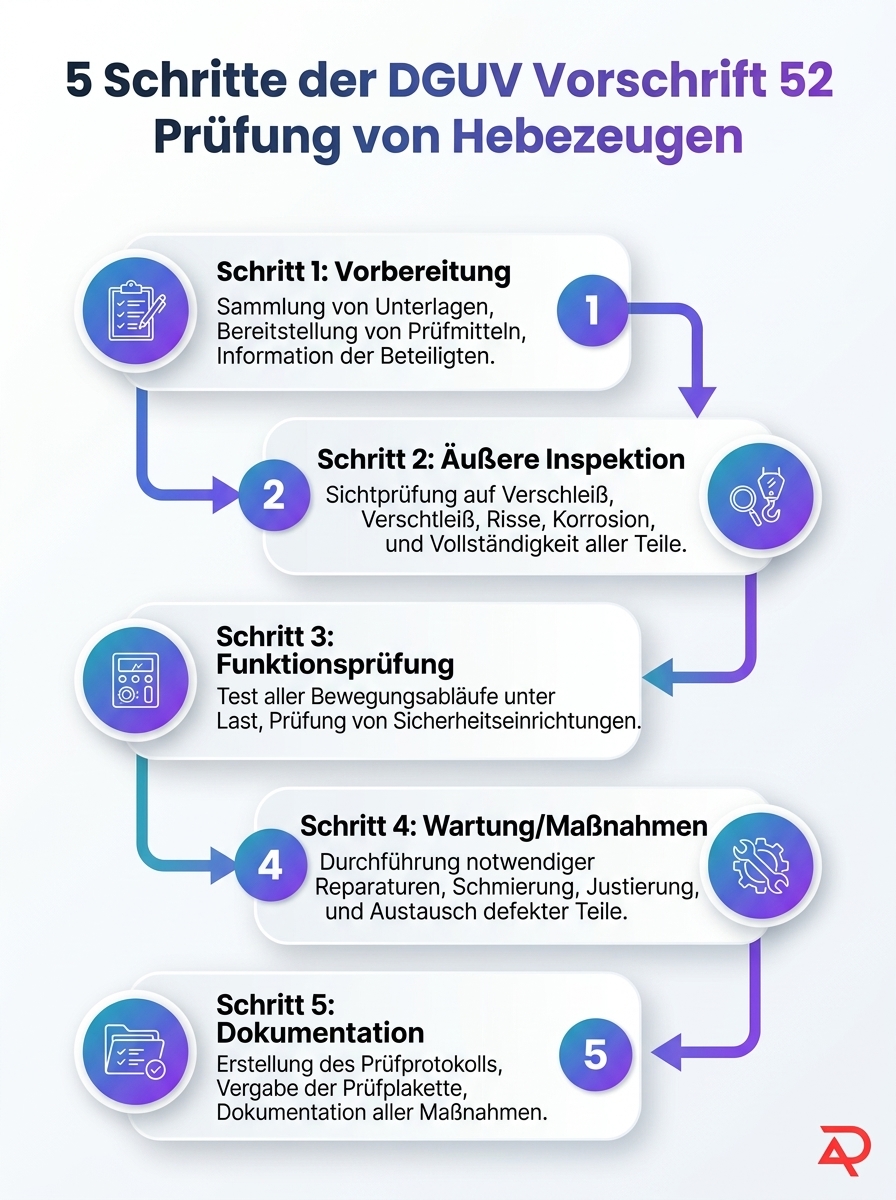 Infografik: 5 Schritte der DGUV Vorschrift 52 Prüfung von Hebezeugen, inklusive Wartung und Freigabe