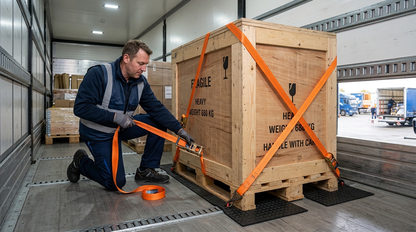 Zurrgurte und Antirutschmatten bei der Ladungssicherung schwerer Fracht auf einem LKW