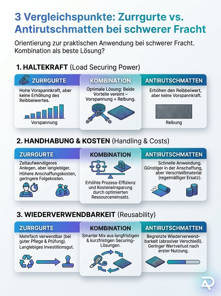 Infografik: Zurrgurte vs. Antirutschmatten bei schwerer Fracht – Vergleich von Sicherheit, Stabilität und Kosten