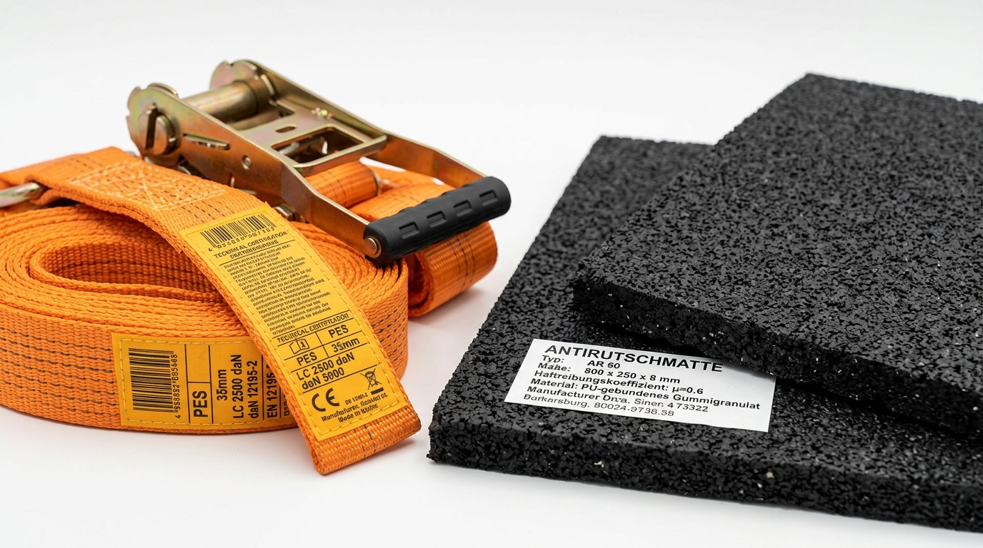 Kombination von Zurrgurten und Antirutschmatten bei der Ladungssicherung schwerer Fracht