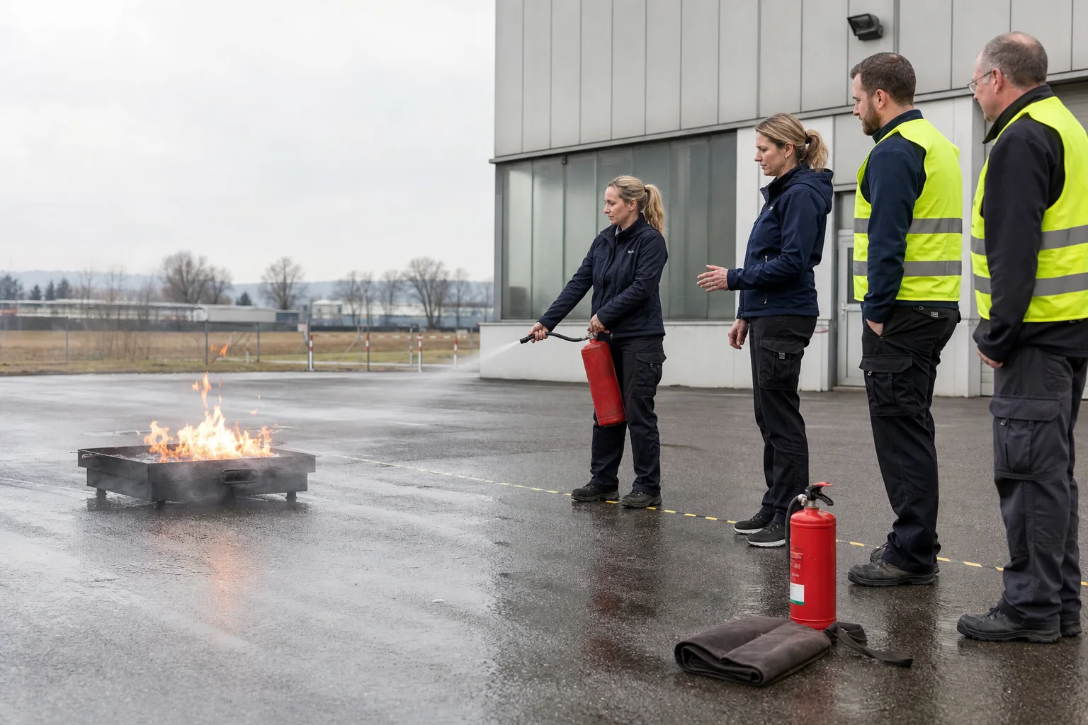 Beschäftigte bei einer realistischen Brandschutzhelfer-Löschübung auf einem betrieblichen Trainingshof