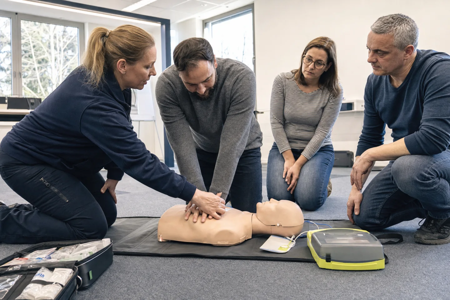 Ausbilderin korrigiert die Handposition bei der Wiederbelebungsübung an einer Trainingspuppe