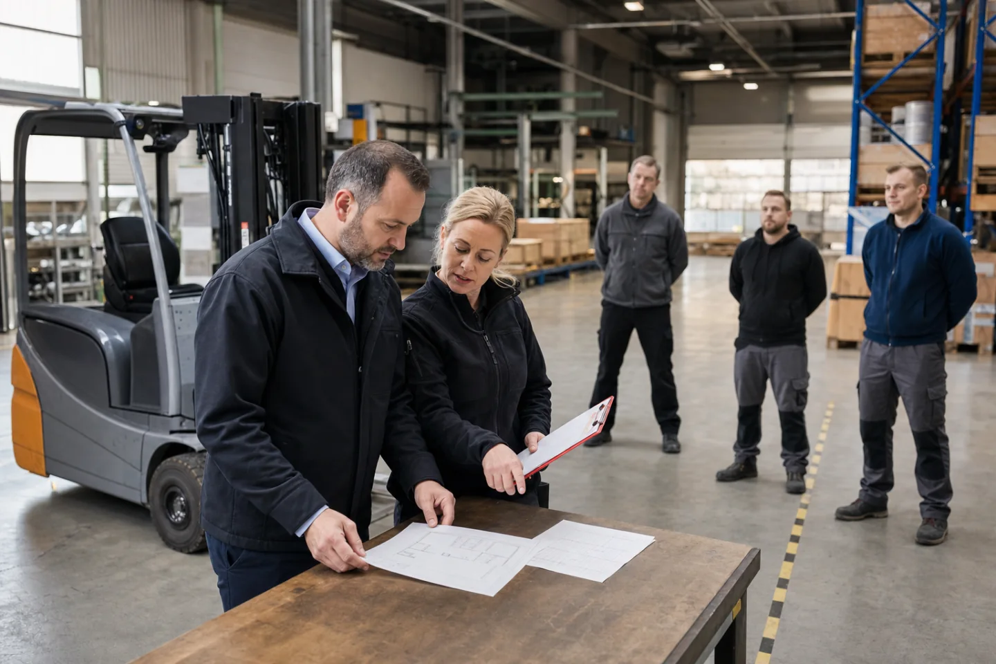 Logistikverantwortliche planen eine Inhouse-Staplerschulung direkt im Betrieb