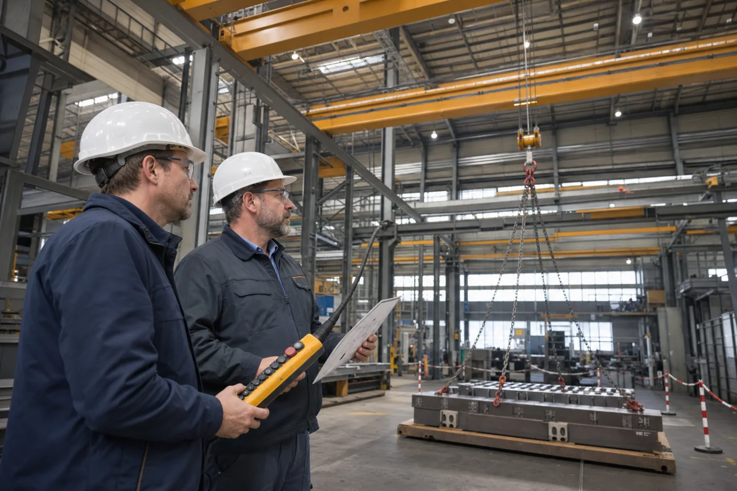 Ausbilder und Teilnehmer besprechen die sichere Bedienung eines Hallenkrans