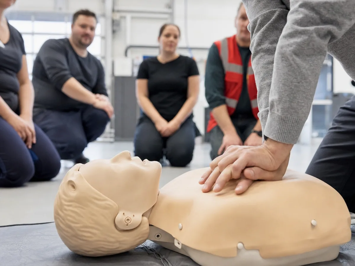 Herzdruckmassage am Übungsphantom im Erste-Hilfe-Kurs